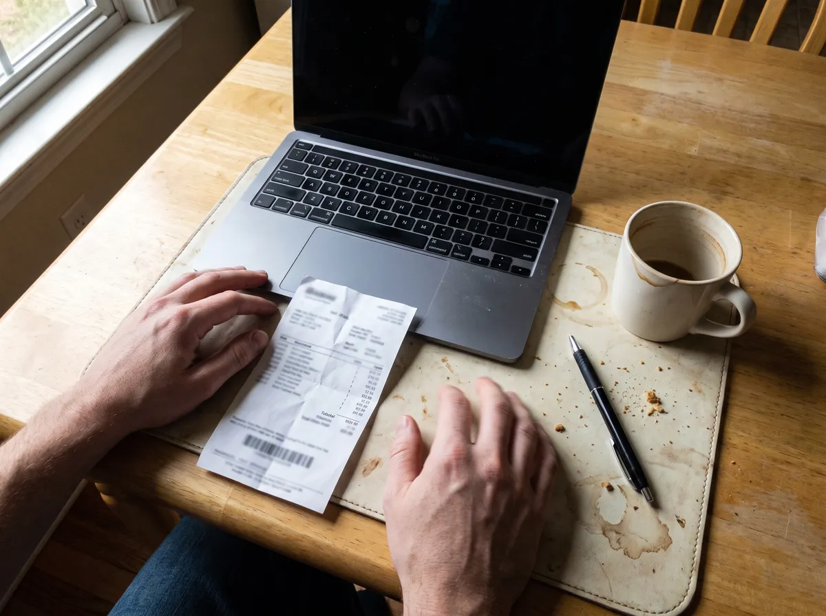A cable bill and a laptop on a kitchen table