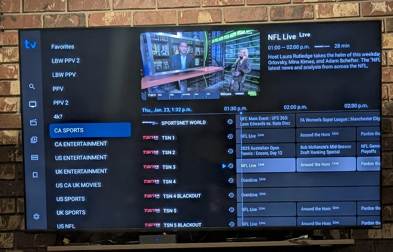 The NoraStream channel guide running on a television