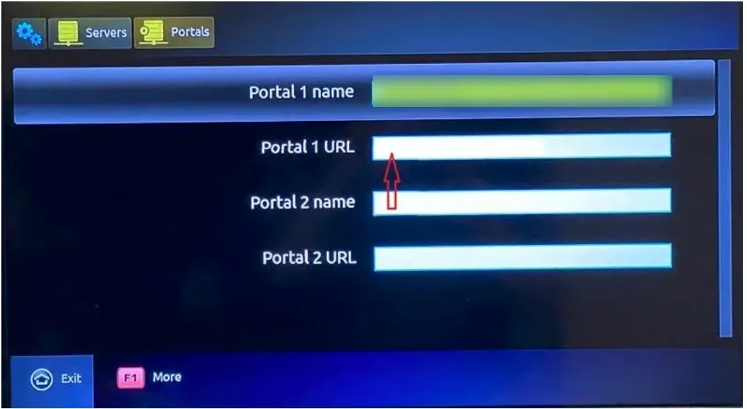 The MAG box Portals screen with the Portal 1 name and Portal 1 URL fields
