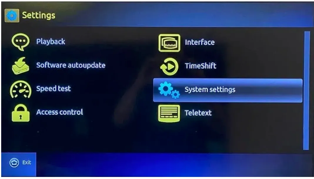 The MAG box Settings menu with System settings highlighted