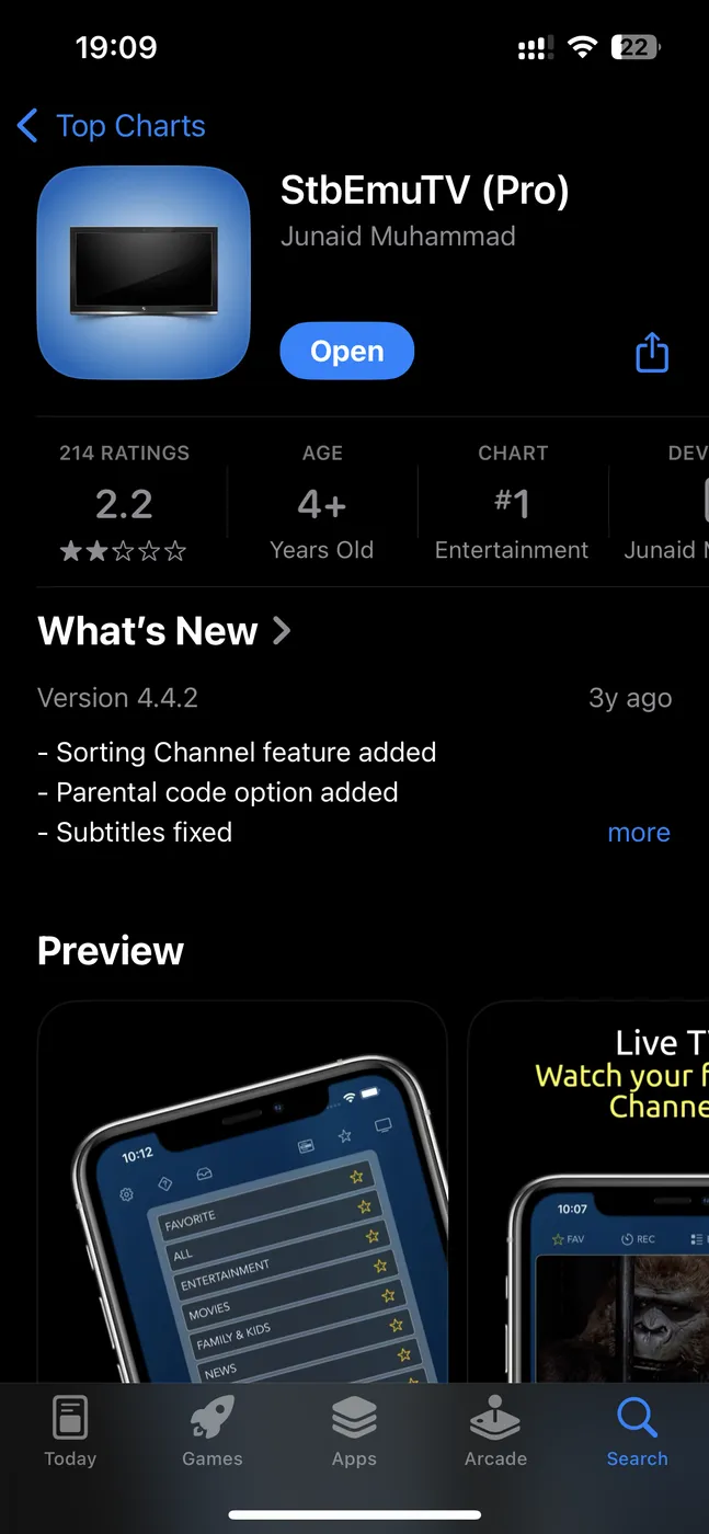 The StbEmuTV Pro listing on the iPhone App Store