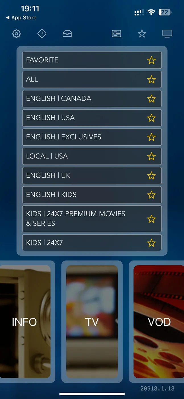 The StbEmuTV Pro channel group list showing English Canada, English USA and other categories