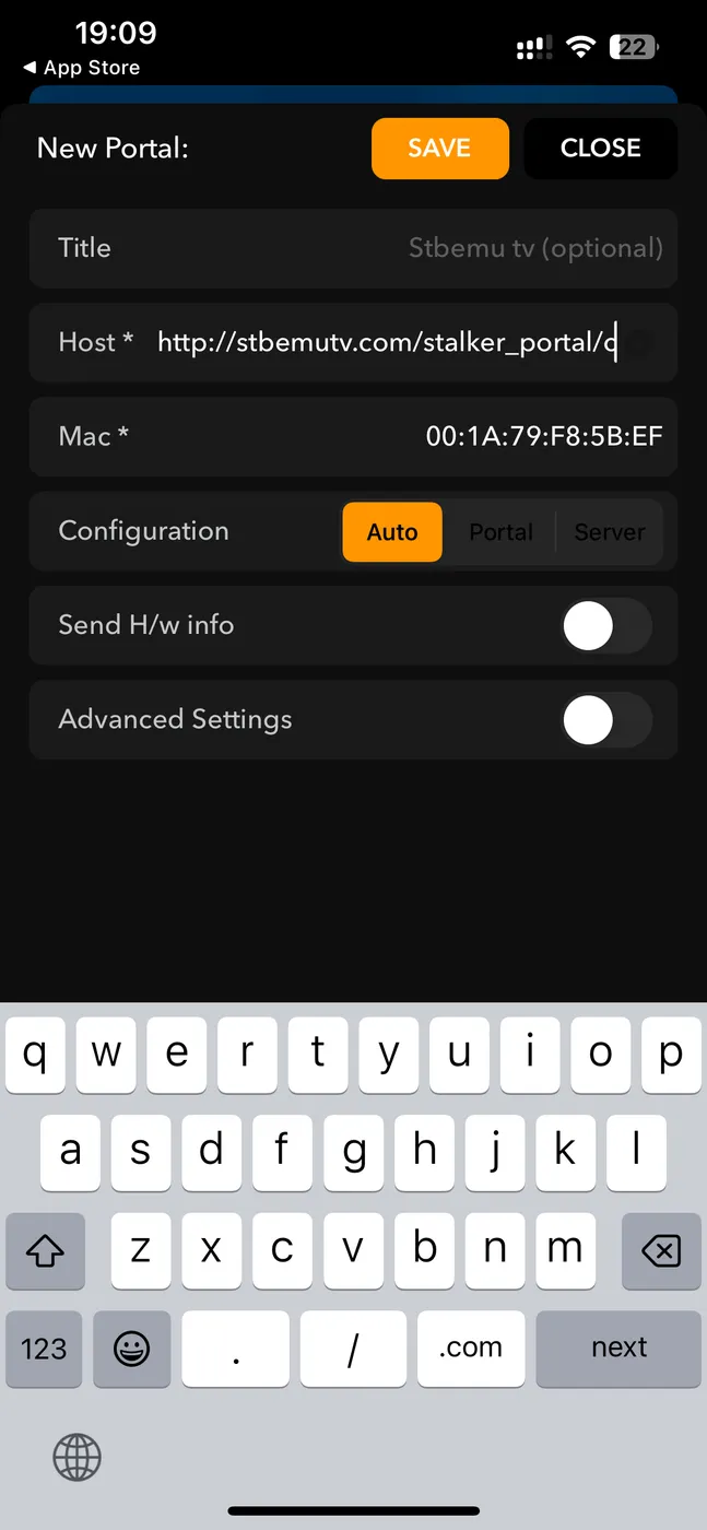 The New Portal screen in StbEmuTV Pro with a host address and a MAC address
