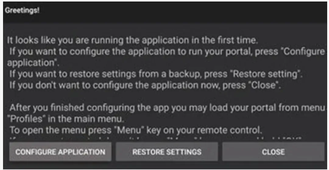 STB Emu first launch greeting screen with Configure application, Restore settings and Close buttons