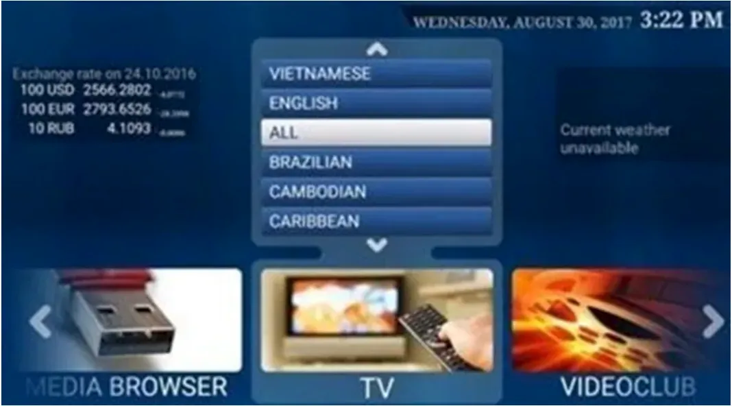 A loaded IPTV portal home screen with a language list and TV, Media browser and Videoclub tiles