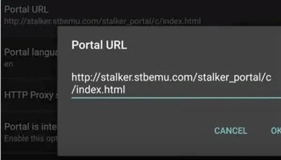 STB Emu Portal URL dialog with an address typed in