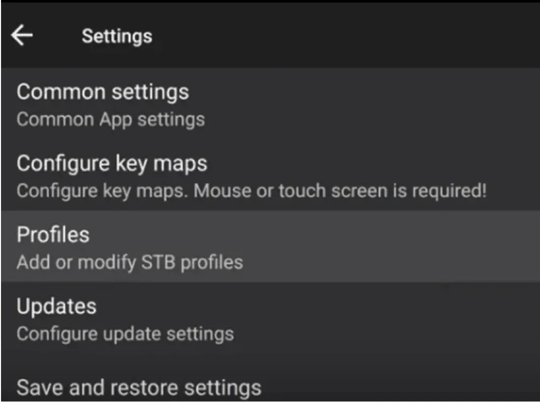 STB Emu settings menu with Profiles highlighted