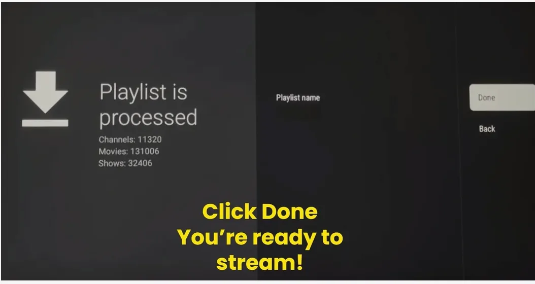 TiviMate playlist processed screen with the Done button highlighted