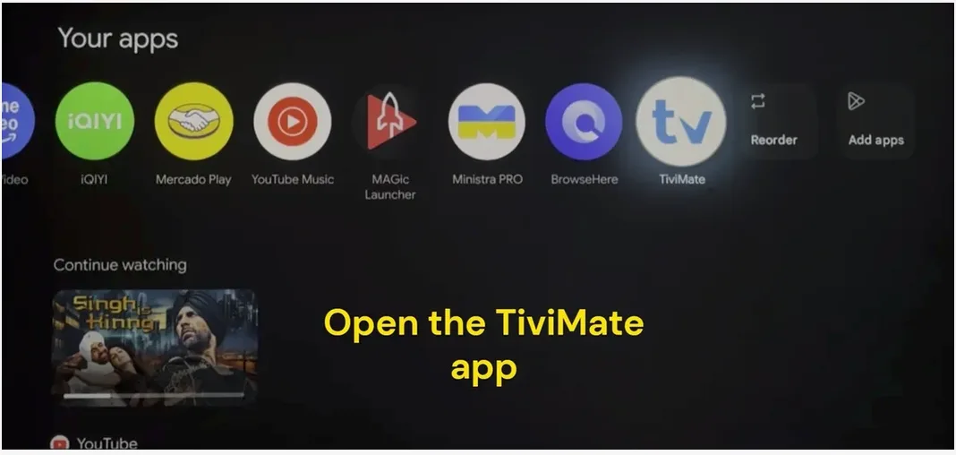 The Your Apps row on a TV box with the TiviMate icon highlighted