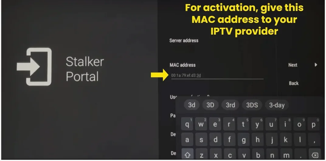 TiviMate Stalker Portal screen showing the MAC address field