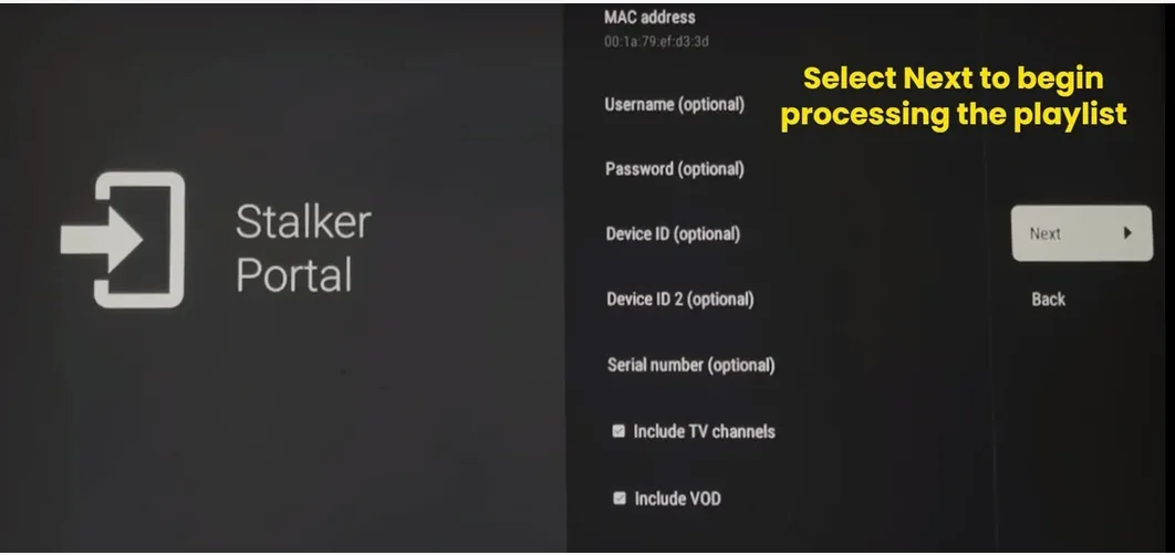 TiviMate Stalker Portal form with the Next button highlighted