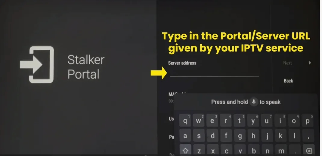 TiviMate server address field with the on screen keyboard open