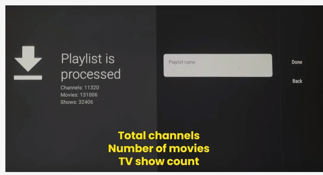 TiviMate playlist processed screen showing channel, movie and show counts