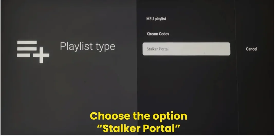 TiviMate playlist type menu with Stalker Portal selected